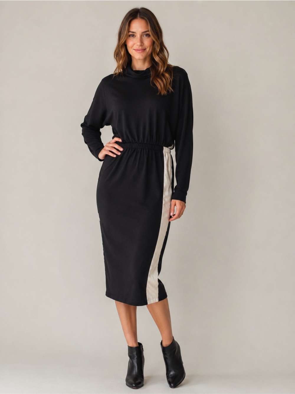 SEN Black Long Sleeve Midi Dress Size 2 Colorblock Side Panels